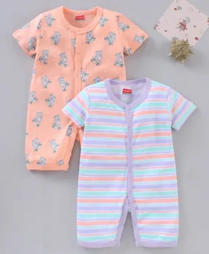 Babyhug 100% Cotton Half Sleeves Rompers Animal Print Pack of 2 - Peach Multicolour