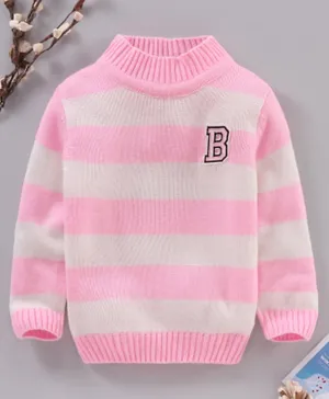 Babyhug Full Sleeves Knit Sweater With Stripes Design & Letter Embroidery- Pink