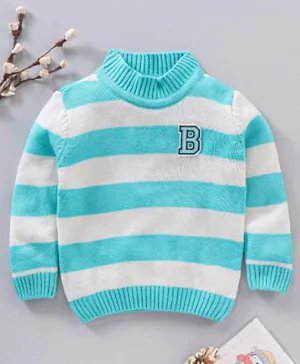 Babyhug Full Sleeves Knit Striped Pullover Text Patch - Aqua Blue
