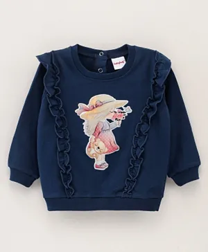 Babyhug Full Sleeves Sweatshirt with Frill Detailing Girl Print - Navy