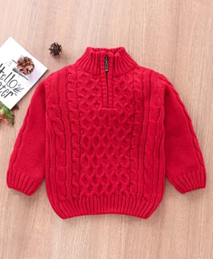 Babyhug Full Sleeves Cable Knit Henley Sweater - Red