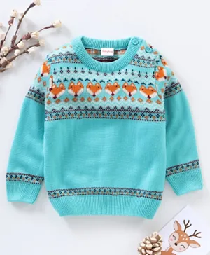 Babyhug Full Sleeves Jacquard Knit Pullover Fox Print - Blue