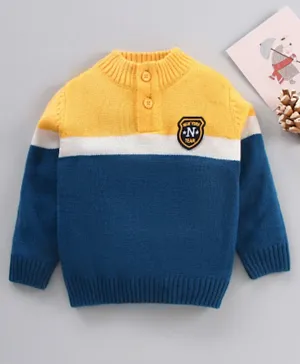 Babyhug Cotton Knit Full Sleeves Color Block Henley Sweater - Yellow and Blue