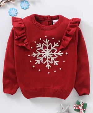 Babyhug Full Sleeves Knit Pullover Snowflakes Embroidery & Frill Detailing - Red