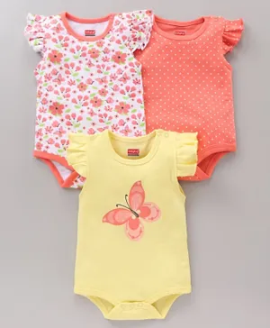 Babyhug 100% Cotton Frill Sleeves Onesie Butterfly Print Pack of 3 - Multicolour