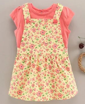 Babyhug 100% Cotton Frock With Short Sleeves Inner Tee Floral Print - Yellow