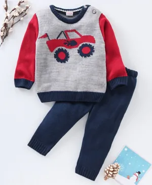Babyhug Full Sleeves Sweater Set Intarsia Design - Grey Red