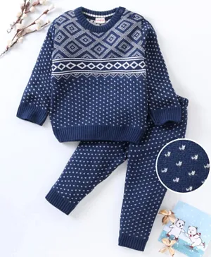 Babyhug Full Sleeves Printed Baby Sweater Set - Navy Blue White