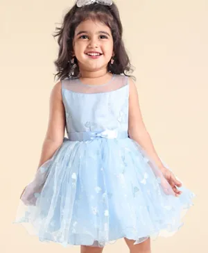 Babyhug Sleeveless Sequin Party Frock With Bow - Frozen Blue