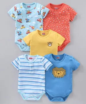 Babyhug 100% Cotton Half Sleeves Onesies Strip & Polka Dot Print Pack of 5 - Blue Yellow Red