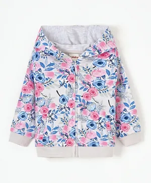 Babyhug Full Sleeves Hooded Sweat Jacket Floral Print - Grey Pink