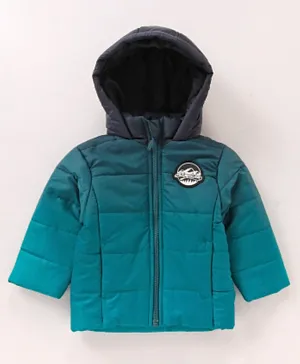Babyhug Full Sleeves Hooded Padded Jacket Block Print - Blue