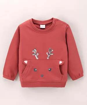 Babyhug Full Sleeves Knit Sweatshirt Deer & Sequin Applique - Peach