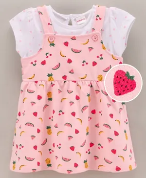 Babyhug 100% Cotton Frock with Half Sleeves Inner Tee Fruits Print - Pink