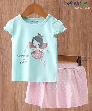 Babyoye Cap Sleeves Printed Top & Skirt Set - Pink Blue
