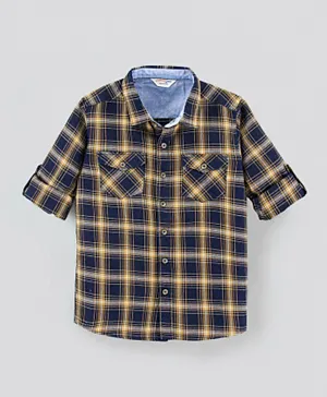 بريمو جينو قميص بنقشة مربعات من القطن المنسوج بأكمام طويلة وجيوب متقاطعة على الصدر  - لون أصفر وأزرق