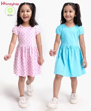 Honeyhap Premium 100% Cotton Jersey Puff Sleeves Frocks With   Anti-Microbial  Finish Polka Print & Solid Pack Of 2 - Capri Ballerina