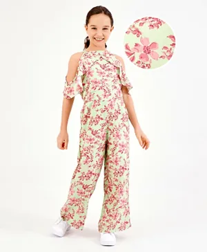 Primo Gino Floral Printed Jumpsuit Rayon Off-shoulder With Rose Gold Button - Green