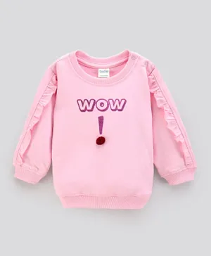 Bonfino Cotton Knit Full Sleeves Sweatshirt With Foil Print And Frill On Sleeves - Pink