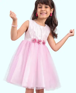 Babyhug Party Frock with Sequin & Flower Applique - Rose