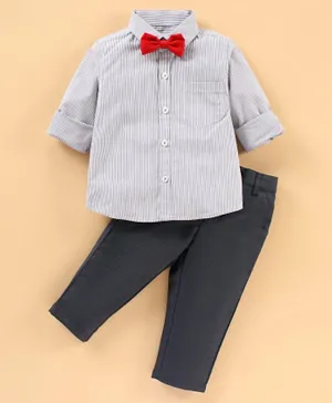 Babyhug Woven Full Sleeves Shirt & Trouser With Bow - Grey