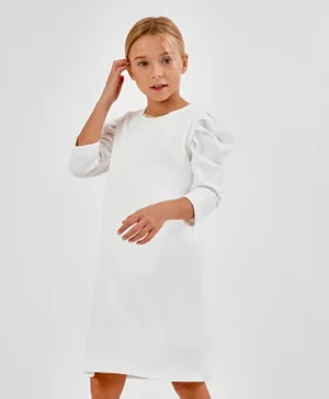 Primo Gino Full Sleeves A Line Textured Fitted Dress - White