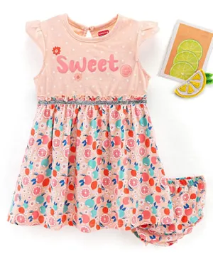 Babyhug 100%Cotton Cap Sleeves Frock With Bloomer Fruits Print - Light Pink