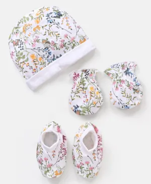 Bonfino Cotton Cap Mittens & Booties Set Floral Print Ivory - Diameter 12.5 cm