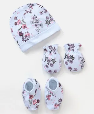 Bonfino Cotton Cap Mittens & Booties Set Floral Print Pink Blue - Diameter 12.5 cm