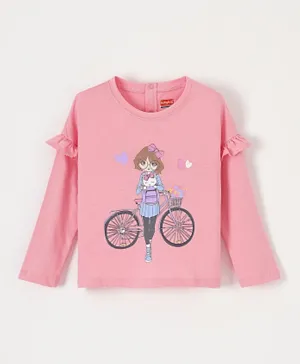Babyhug Full Sleeves Tee with Graphics & Frill Detailing - Pink