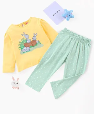Babyhug 100% Cotton Full Sleeves Nightsuit Pajama Set Bunny Print - Yellow Green