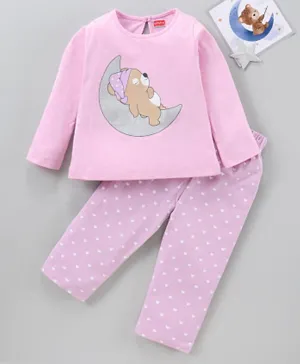 Babyhug 100% Cotton Knit Full Sleeves Night Suit Sleepy Bear Print - Pink