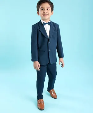 Babyhug Woven Full Sleeves Solid Party Suit with Bow Tie - Ocean Blue
