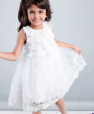 Babyhug Sleeveless Party Wear Frock Embroidered - White