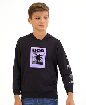 Primo Gino Full Sleeves Cotton Hooded Sweatshirt Placement Print - Black