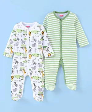 Babyhug Full Sleeves Sleep Suit Striped and Lion Print Pack of 2 - White & Green