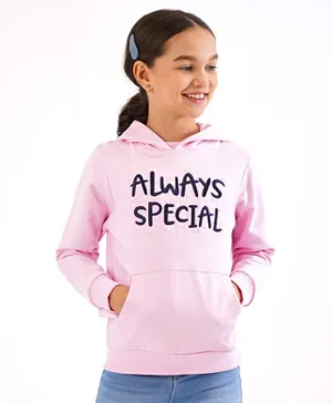 Primo Gino 100% Cotton Terry Full Sleeves Hoodie with Embroidery and Half Cut Pearls - Pink