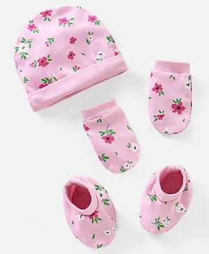 Babyhug 100% Cotton Cap Mittens & Booties Set Floral Print - Diameter 10 cm