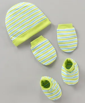 Babyhug 100% Cotton Cap Mittens & Booties Striped Green - Cap Diameter 9.5 cm