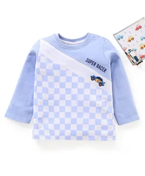 Babyhug Cotton Full Sleeves Looper Fabric Checks & Car Print T-Shirt - Blue