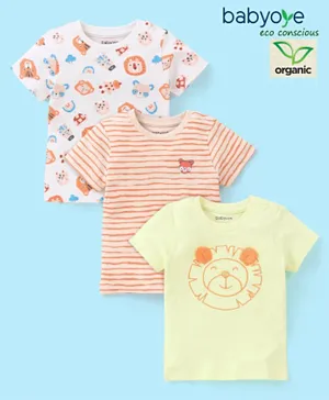 Babyoye 100% Organic Cotton with Eco Jiva Finish Half Sleeves Striped T-Shirt Lion Print Pack Of 3 - Yellow Orange & White