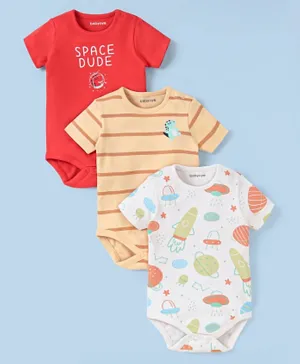 Babyoye 100% Organic Cotton with Eco Jiva Finish Half Sleeves Striped Onesies Outer Space Print Pack of 3 - White Peach & Red