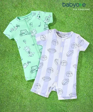 Babyoye 100% Cotton with Eco Jiva Finish Half Sleeves Sports Print Rompers Pack of 2 Green Blue & White