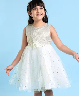 Babyhug Sleeveless Sequin Embellished Woven Party Dress with Floral Corsage - Gold & Off-White