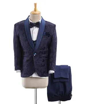 Babyhug Full Sleeves Brocade Party Suit With Blazer Floral Embroidery- Navy Blue