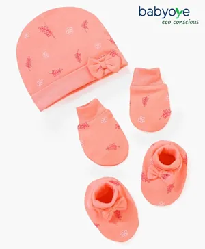 Babyoye Eco-Conscious Cotton Eco-Jiva Cap Mitten & Booties Set Pink - Circumference  34 cm
