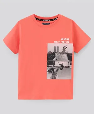 Pine Kids Cotton Half Sleeves Bio Washed T-shirt With Skating Print- Orange