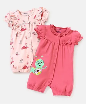 Babyoye Eco Conscious Cotton Eco Jiva Half Sleeves Romper with Bow Applique Caterpillar Print Pack of 2 - Pink