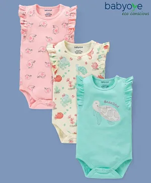 Babyoye Eco Conscious Cotton with Eco Jiva Finish Short Sleeves Onesie Turtle and Seal Print Pack of 3 - Pink White & Blue