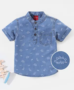 Babyhug Cotton Denim Half Sleeves  Kurta Shirt Dino Print- Blue